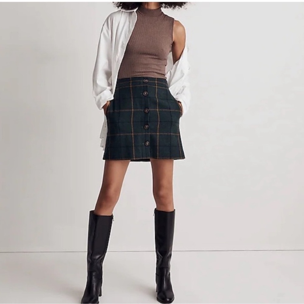 Madewell Dark Green Plaid Button-Front Mini Skirt